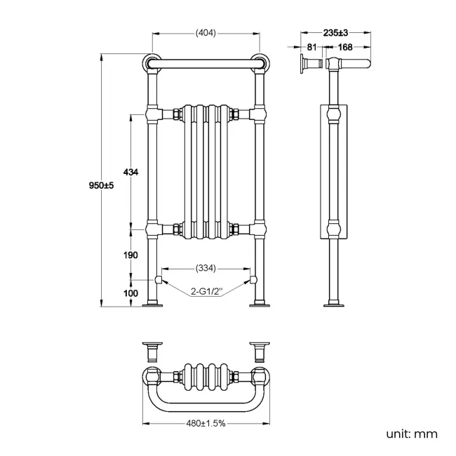 Gibraltar Small Brushed Brass Traditional Heated Towel Radiator (With Overhanging Rail)