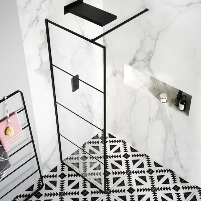 Munich Matt Black Grid Easy Clean 8mm Wet Room Shower Glass Panel 800mm