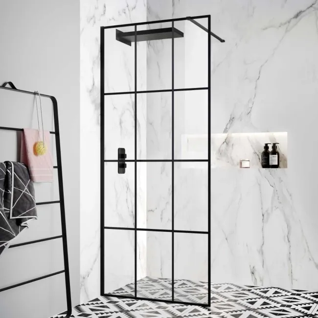 Munich Matt Black Grid Easy Clean 8mm Wet Room Shower Glass Panel 800mm