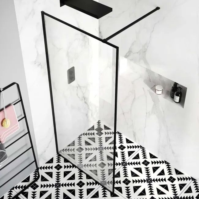 Munich Matt Black Framed Easy Clean 8mm Wet Room Shower Glass Panel 900mm