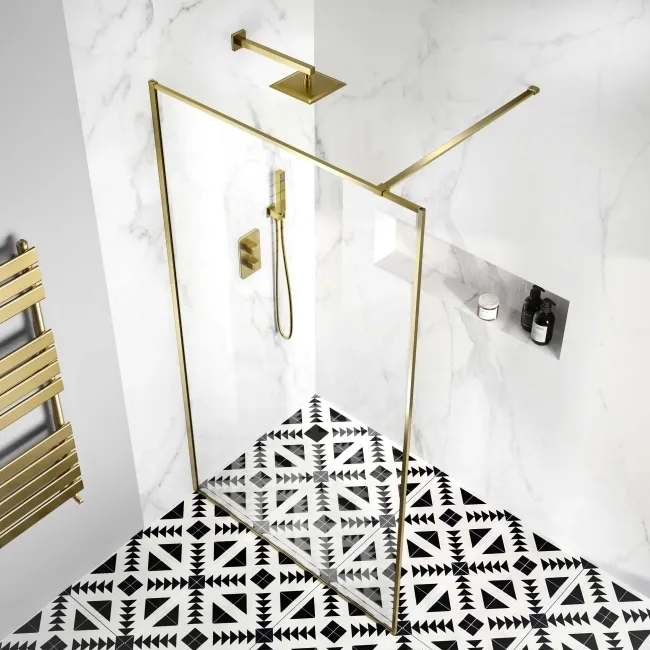 Munich Brushed Brass Framed Easy Clean 8mm Wet Room Shower Glass Panel 1200mm