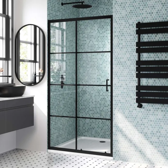 London Matt Black Grid 6mm Sliding Shower Door 1000mm