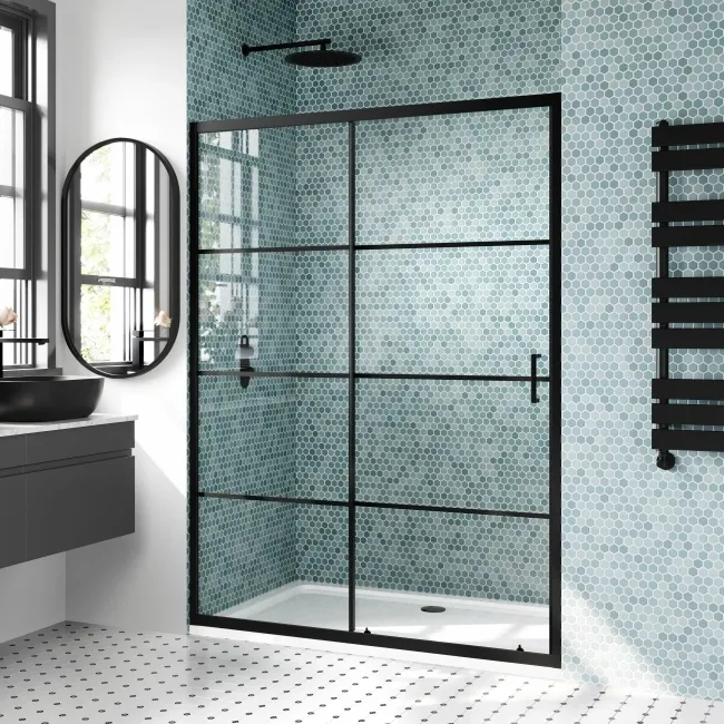 London Matt Black Grid 6mm Sliding Shower Door 1400mm