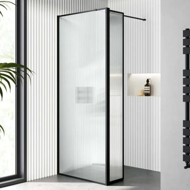 Munich Fluted Effect Matt Black Framed Easy Clean 8mm Pivotal Wet Room Shower Glass Return Panel 250mm