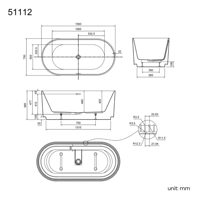 Barnet 1500mm Fluted Freestanding Bath