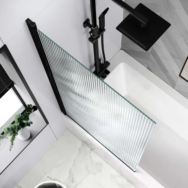 Geneva Fluted Effect Matt Black Easy Clean 6mm Bath Screen - 800mm