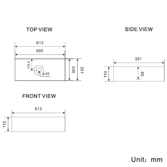 Newark Matt Black Rectangular Counter Top Basin 615mm