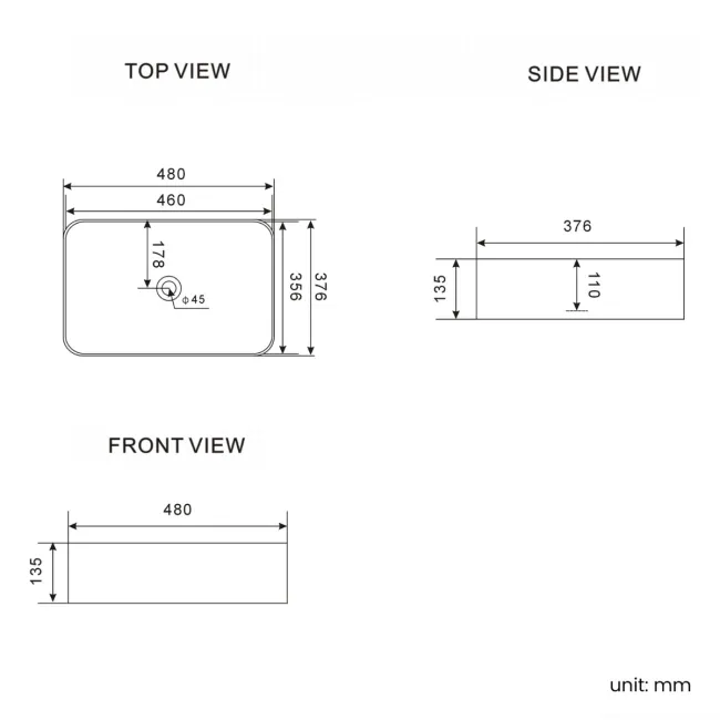 Troy Rectangular Counter Top Basin 480mm