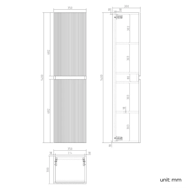 Malta Fluted Matt Black Wall Hung Tall Cabinet 1400x350mm