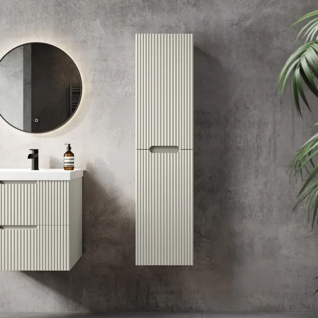 Crete Fluted Linen White Wall Hung Tall Cabinet 1400x350mm