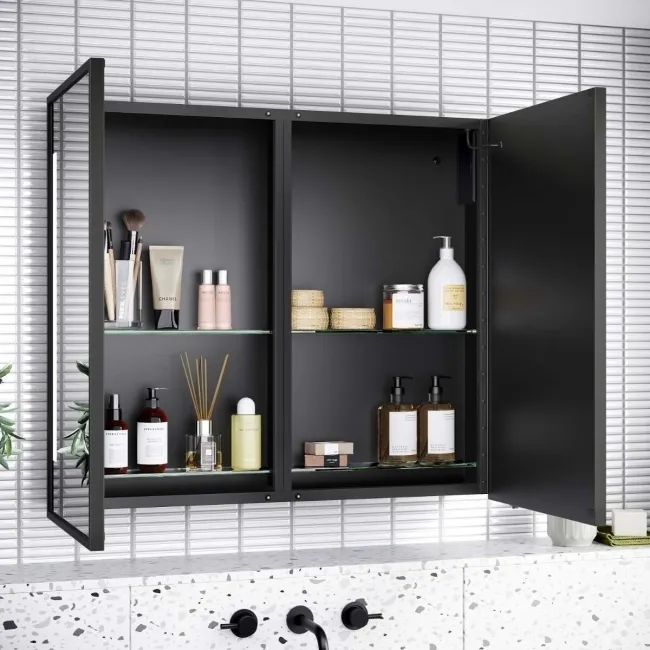 Mia Battery Operated Black Framed Illuminated LED Mirror Cabinet 710x800mm