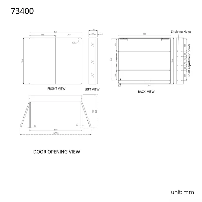 Aurora Matt Black Mirror Cabinet 700x800mm