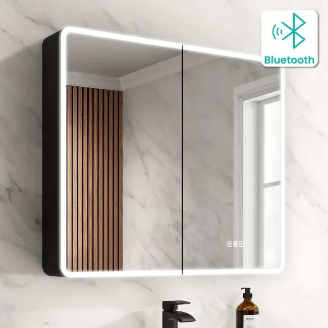 Aurora Matt Black Illuminated LED Mirror Cabinet With BLUETOOTH Speaker 700x800mm