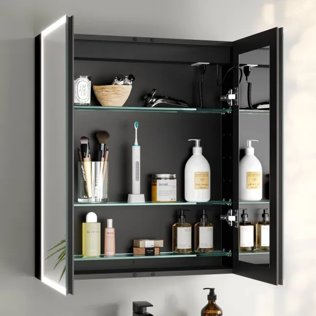 Esme Matt Black Illuminated LED Mirror Cabinet With BLUETOOTH Speaker 700x600mm