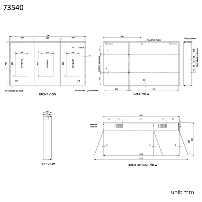 Margot Illuminated LED Mirror Cabinet With BLUETOOTH Speaker & USB Port 700x1200mm