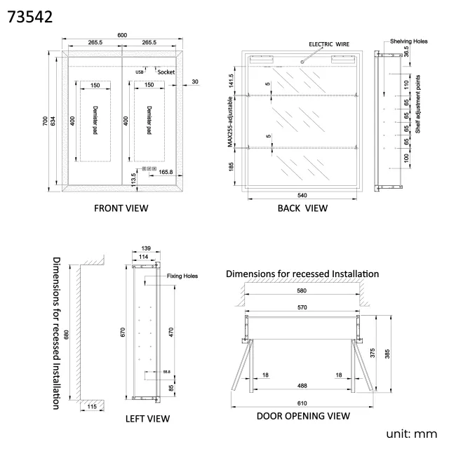 Ivy Recessed LED Mirror Cabinet 700x600mm