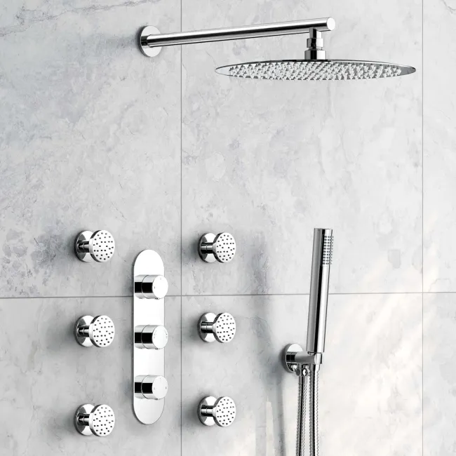 Ballina Premium Chrome Round Thermostatic Set - 300mm Head, Hand Shower & Body Jets