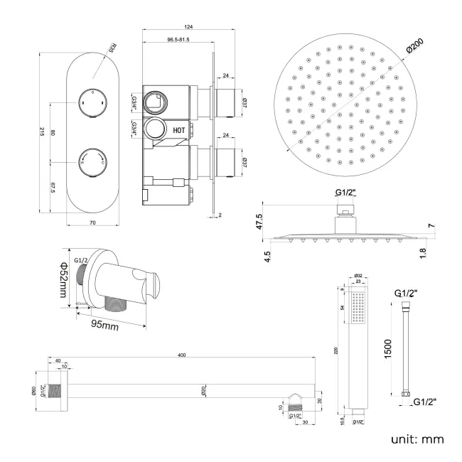 Ballina Premium Matt Black Round Thermostatic Shower Set - 200mm Head & Hand Shower