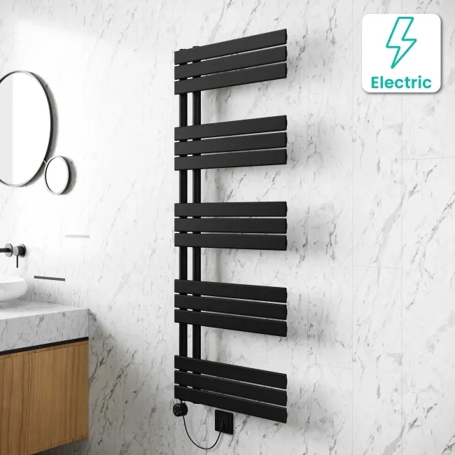 Seville Electric Matt Black Designer Flat Panel Heated Towel Rail 1600x600mm