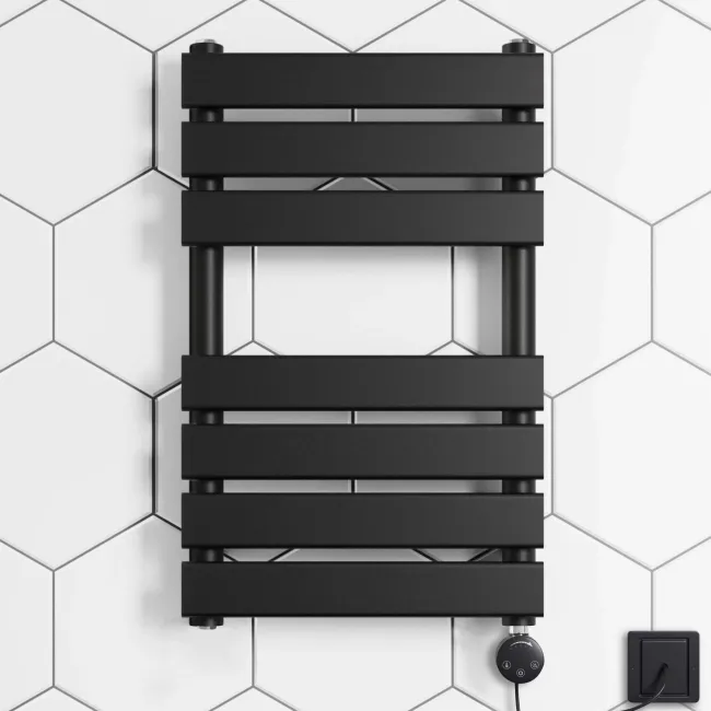 Santorini Electric Matt Black Flat Panel Heated Towel Rail 650x400mm