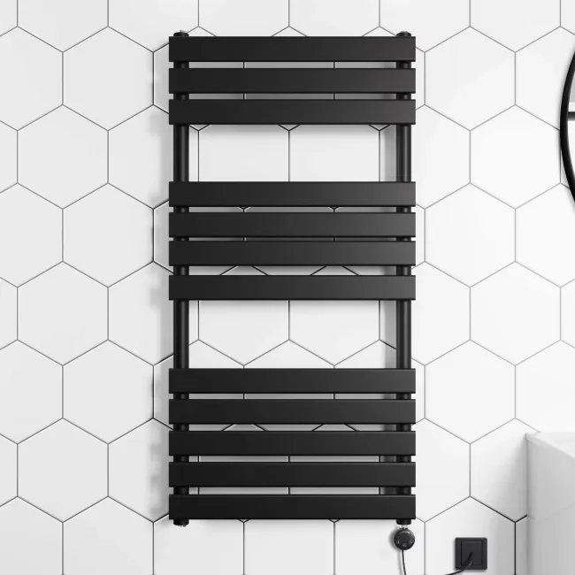 Santorini Electric Matt Black Flat Panel Heated Towel Rail 1200x600mm