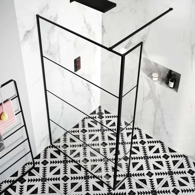 Munich Matt Black Grid 8mm Wet Room Shower Glass 1200mm & 250mm Return Panel