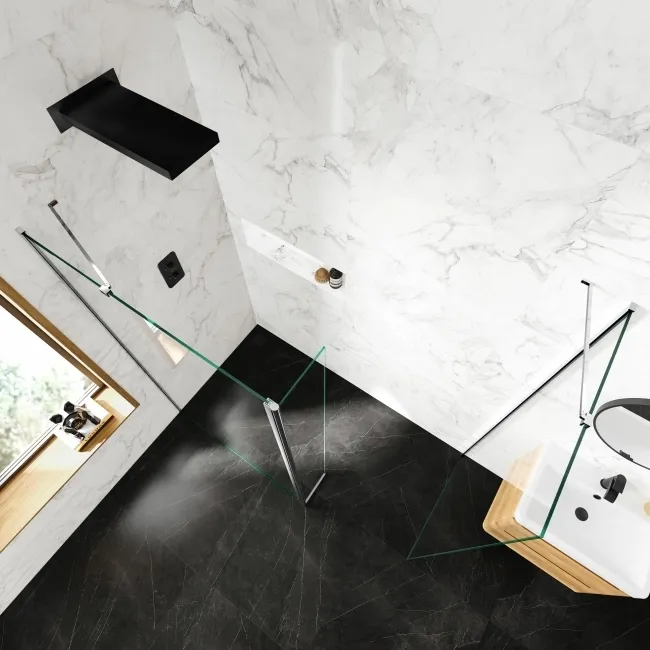 Copenhagen Easy Clean 8mm Walk In Shower Enclosure 1100mm & 800mm Glass with Pivotal Return Panel