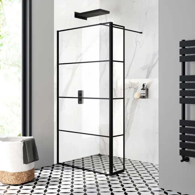 Munich Matt Black Grid 8mm Wet Room Shower Glass 900mm & 250mm Pivotal Return Panel