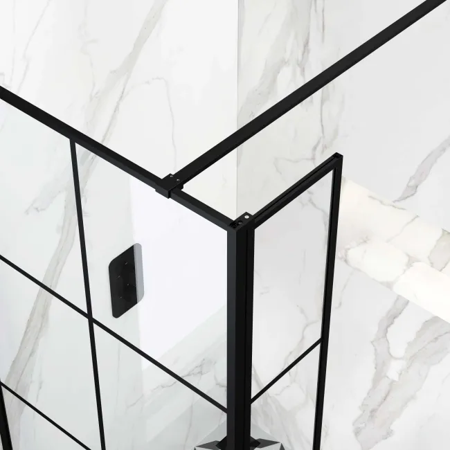 Munich Matt Black Grid 8mm Wet Room Shower Glass 700mm & 250mm Pivotal Return Panel