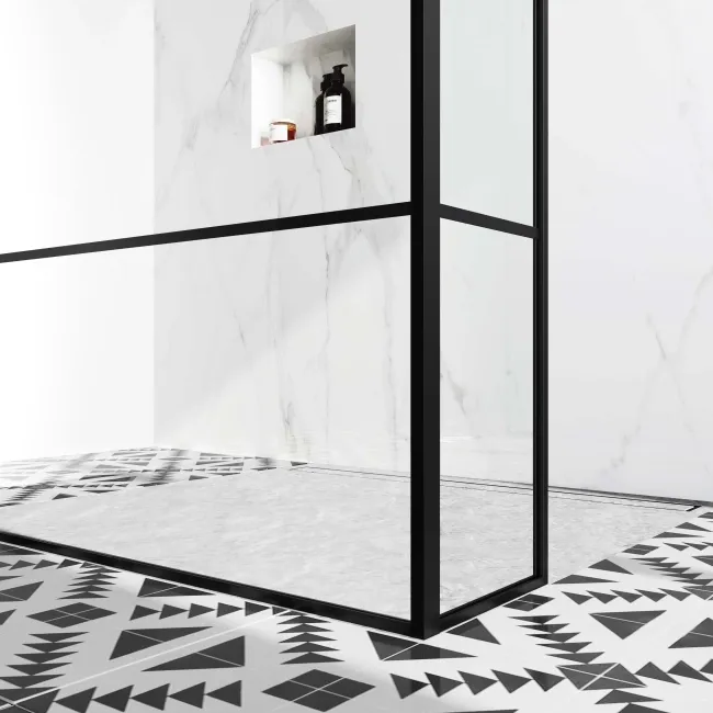 Munich Matt Black Grid 8mm Walk Through Wet Room Shower Glass Panel 1400mm & 250mm Return Panel
