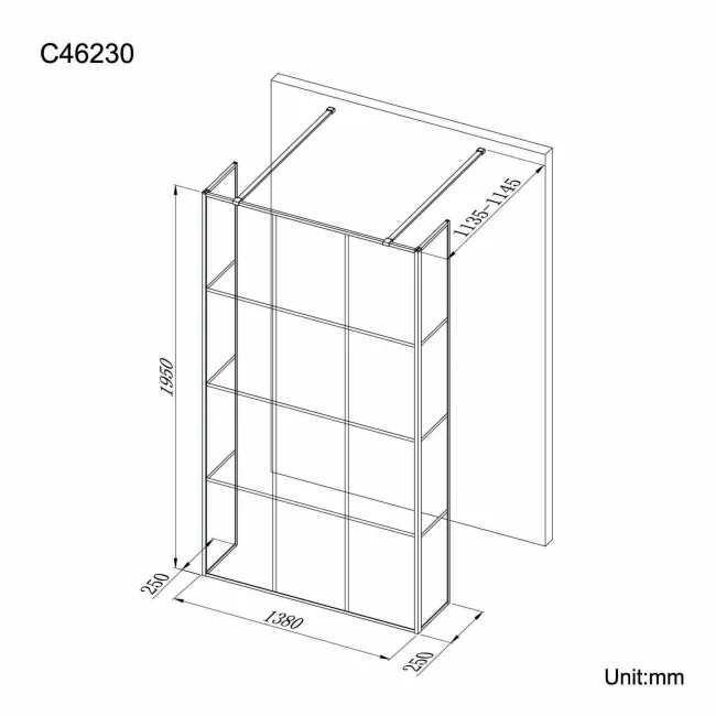 Munich Matt Black Grid 8mm Walk Through Wet Room Shower Glass Panel 1400mm & 250mm Return Panel