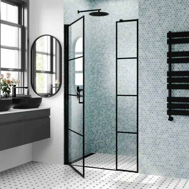 Toulon Matt Black Easy Clean 6mm Pivot Shower Door 1100mm