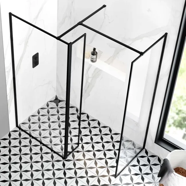 Munich Matt Black Framed 8mm Walk In Shower Enclosure 900mm & 700mm Glass with Pivotal Return Panel