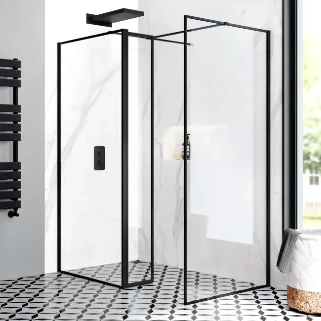 Munich Matt Black Framed 8mm Walk In Shower Enclosure 900mm & 900mm Glass with Pivotal Return Panel