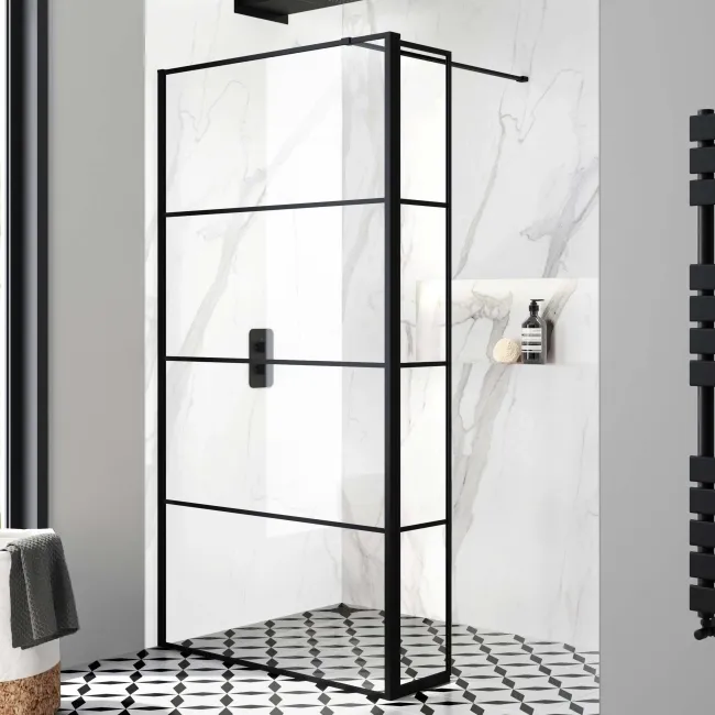 Munich Matt Black Grid 8mm Wet Room Shower Glass 1100mm & 250mm Pivotal Return Panel