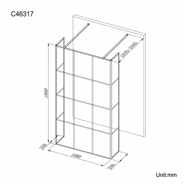 Munich Matt Black Grid 8mm Walk Through Wet Room Shower Glass Panel 1100mm & 250mm Return Panel