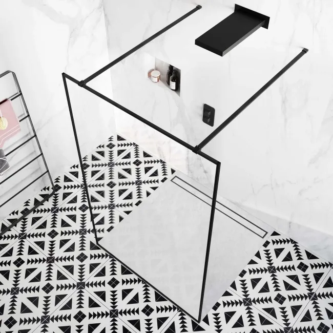 Munich Matt Black Framed 8mm Walk Through Wet Room Shower Glass Panel 1100mm