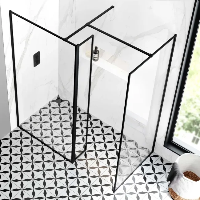 Munich Matt Black Framed 8mm Walk In Shower Enclosure 1100mm & 900mm Glass with Pivotal Return Panel