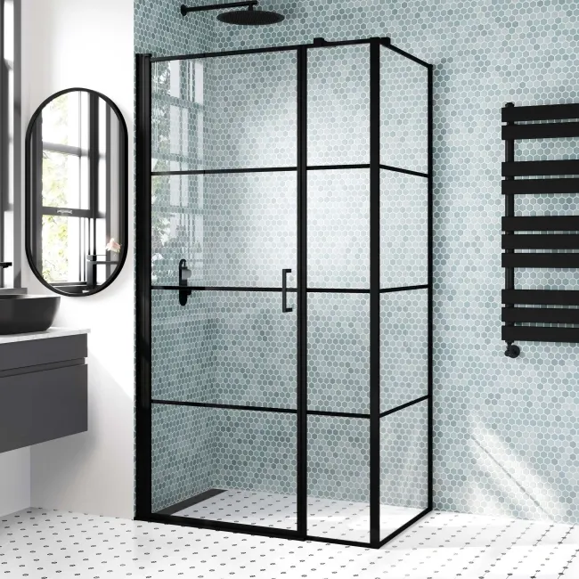 Toulon Matt Black Grid Easy Clean 6mm Pivot Shower Enclosure 1000x700mm