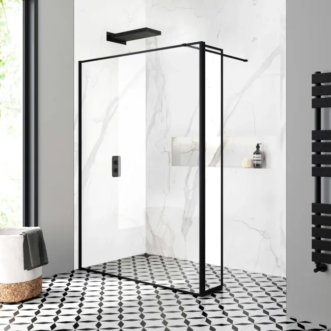 Munich Matt Black Framed 8mm Wet Room Shower Glass 1400mm & 250mm Pivotal Return Panel