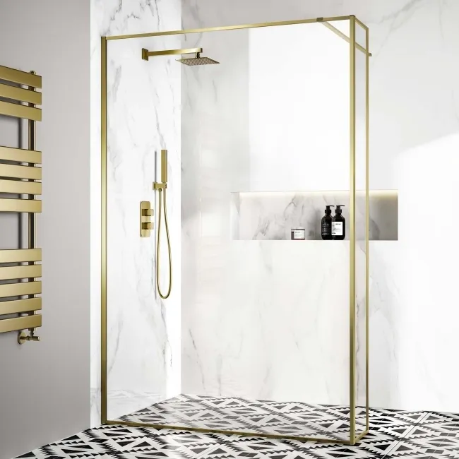 Munich Brushed Brass Framed 8mm Wet Room Shower Glass 1400mm & 250mm Return Panel