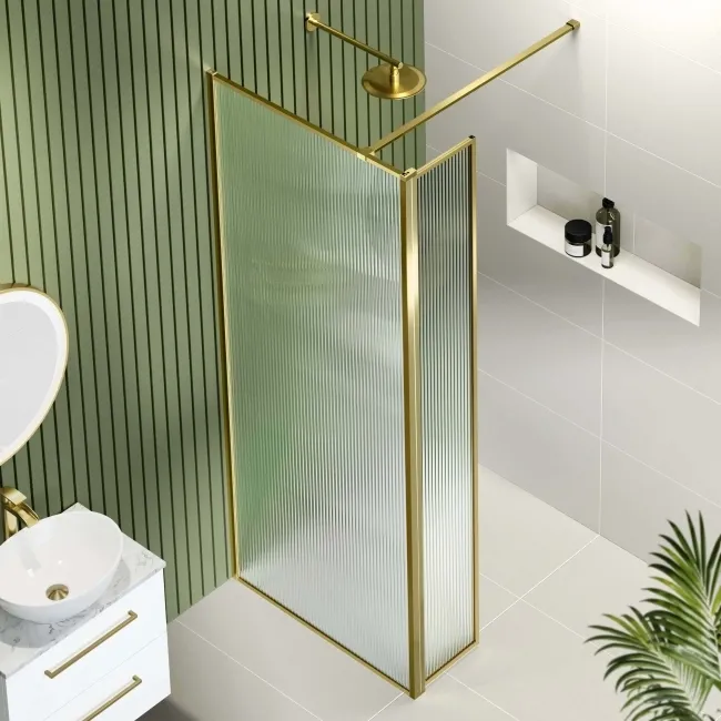 Munich Fluted Effect Brushed Brass 8mm Wet Room Shower Glass 700mm & 250mm Pivotal Return Panel