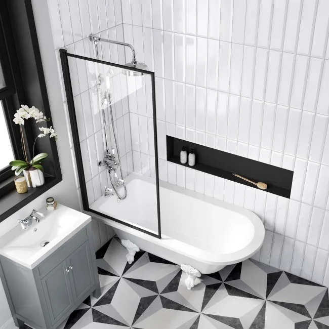 Abingdon 1500 Roll Top Shower Bath - White Ball Feet & 6mm Easy Clean Matt Black Framed Screen