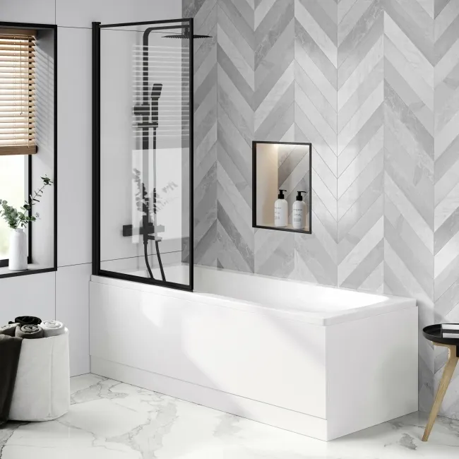 Hereford 1700x700 Square Shower Bath & 6mm Easy Clean Matt Black Framed Bath Screen