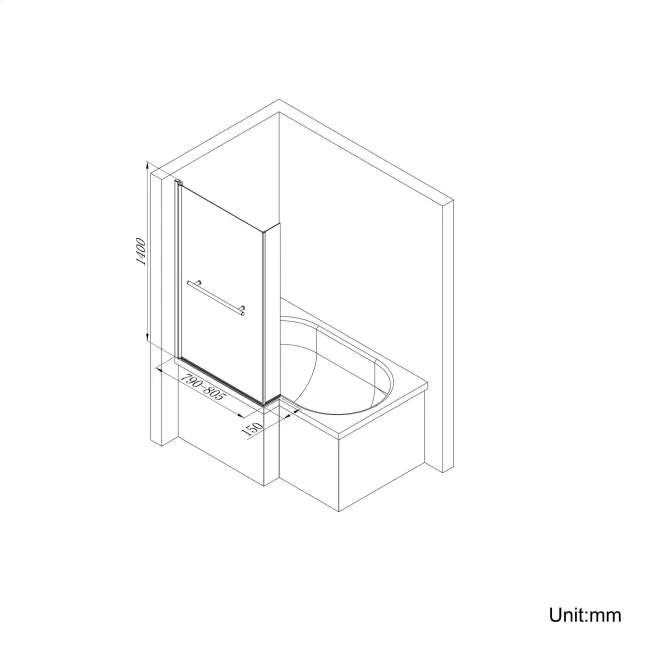 L Shaped 1600 Shower Bath & 6mm Matt Black Easy Clean Screen with Rail - Left Handed