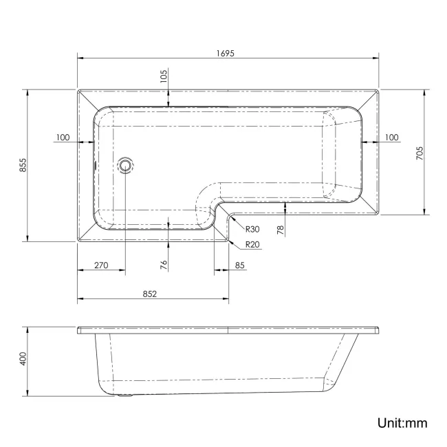 L Shaped 1700 Shower Bath & 6mm Easy Clean Screen with Rail - Left Handed