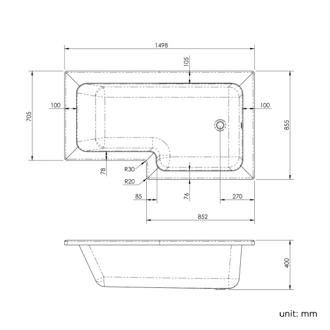 L Shaped 1500 Shower Bath with Front Panel & 4mm Fixed Screen with Rail - Right Handed