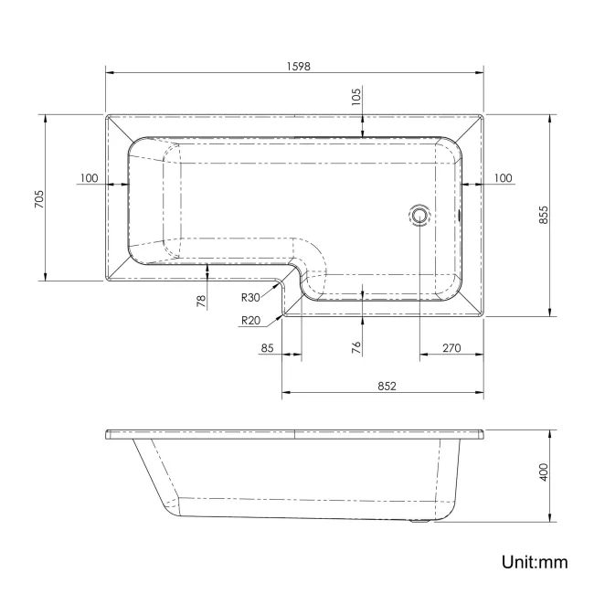 L Shaped 1600 Shower Bath & 6mm Easy Clean Matt Black Framed Bath Screen - Right Handed
