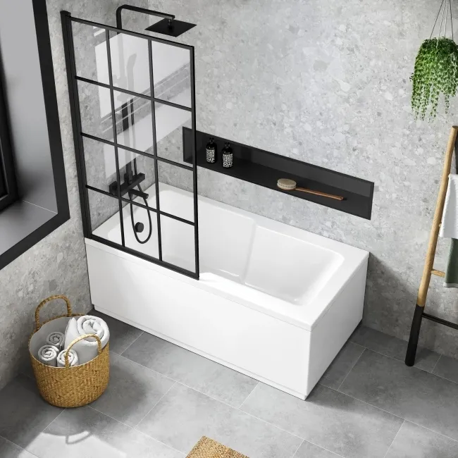 Dover 1600x750 Keyhole Shower Bath & 6mm Easy Clean Matt Black Grid Bath Screen