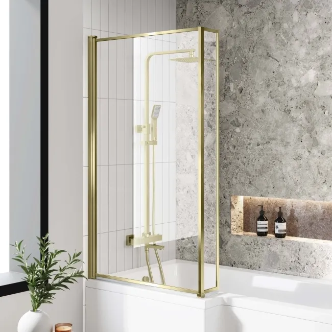 L Shaped 1600 Shower Bath & 6mm Easy Clean Brushed Brass Bath Screen - Left Handed